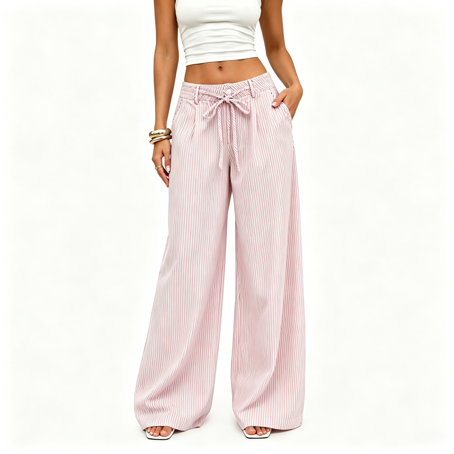 ⚡FINAL SALE⚡- Women's  Striped With Pockets Black Baggy Low Rise Wide Leg Pants