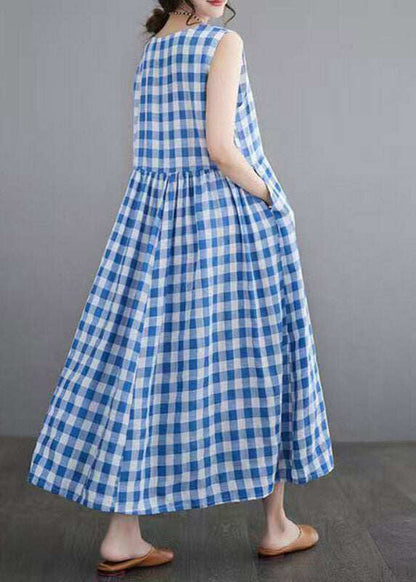 Women Blue Plaid Patchwork Maxi Dresses Sleeveless