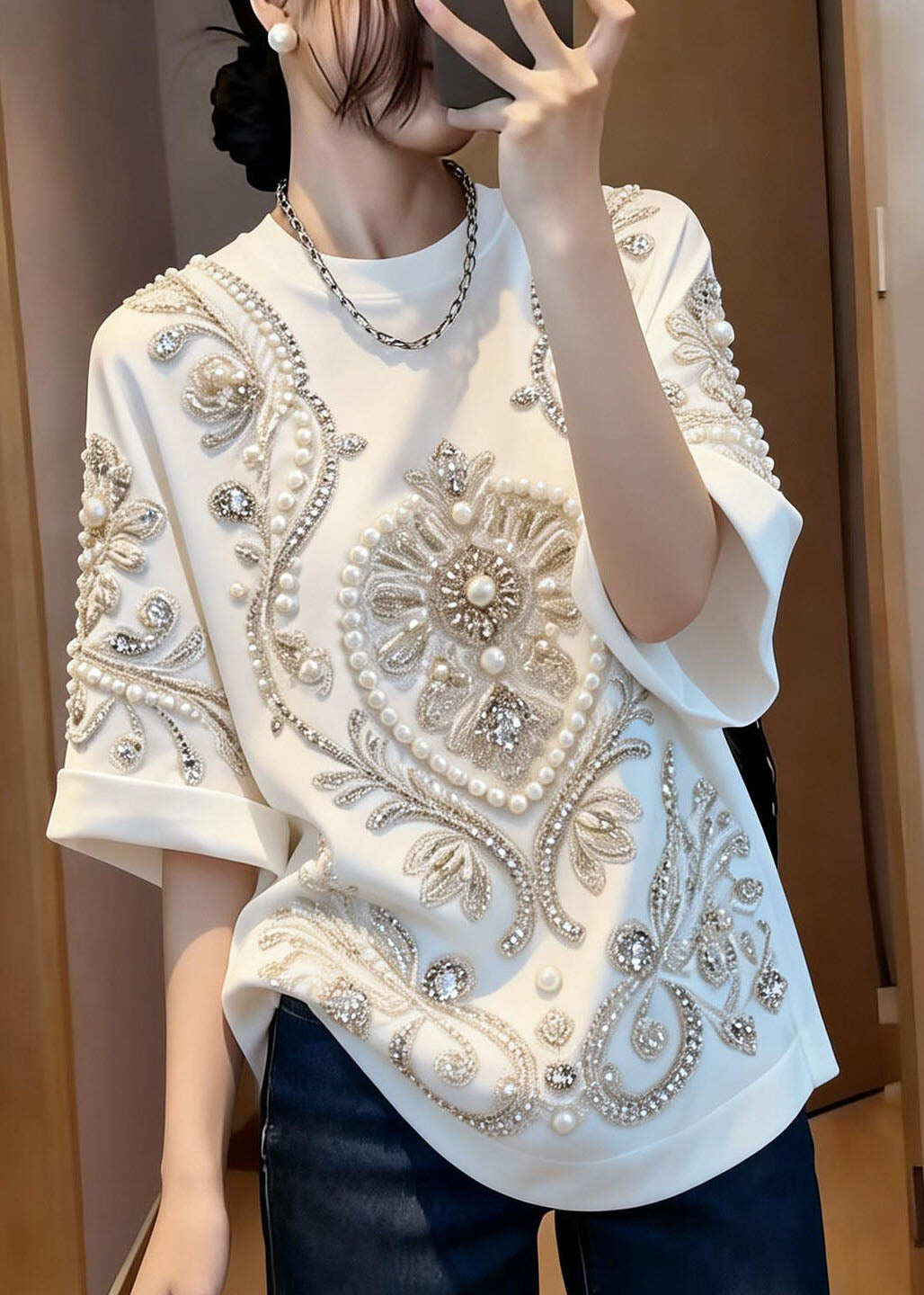 Stylish White O Neck Handmade Nail Bead Cotton T Shirt Summer
