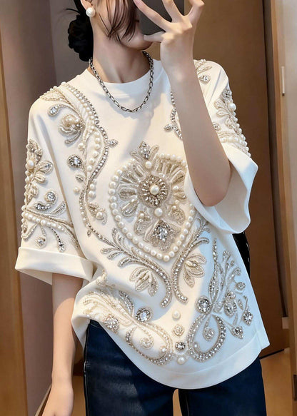 Stylish White O Neck Handmade Nail Bead Cotton T Shirt Summer