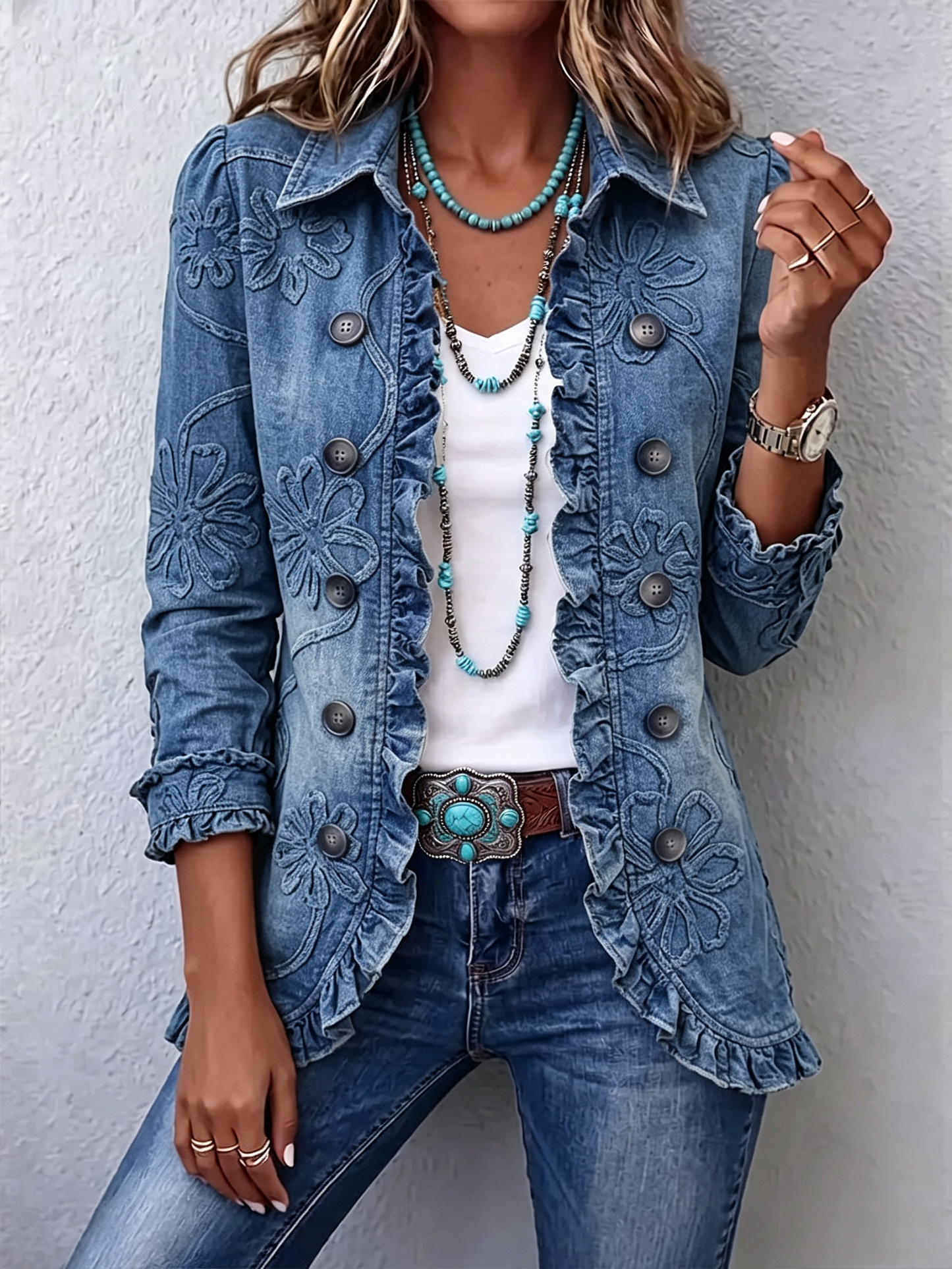 💝💝Boho-Chic Floral Embroidered Utility Ruffled Trim Jacket