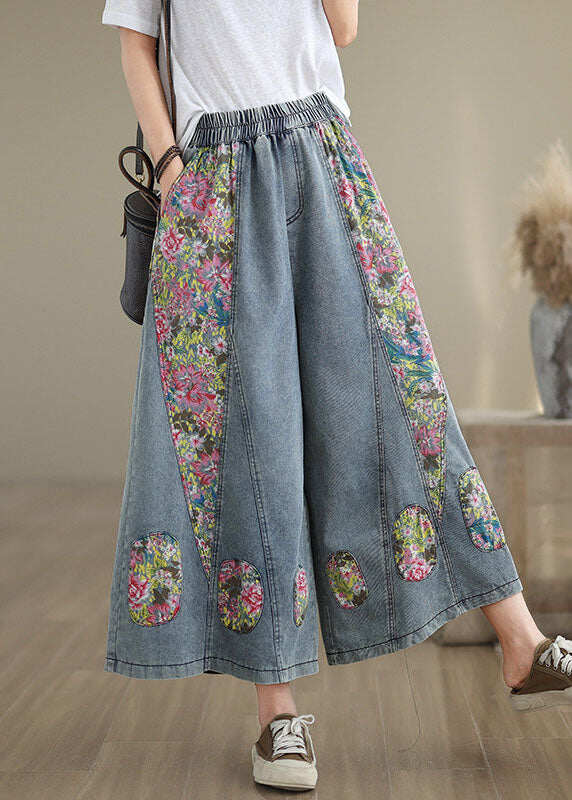 Casual Blue Pockets Print Elastic Waist Denim Crop Wide Leg Pants Summer