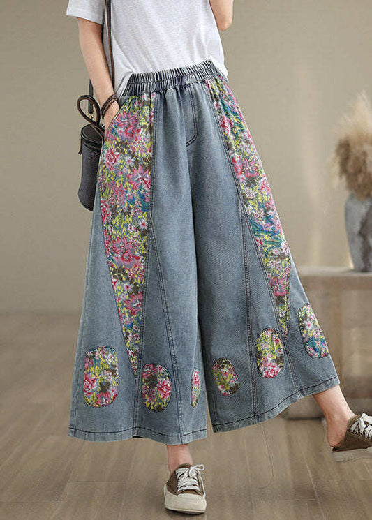 Casual Blue Pockets Print Elastic Waist Denim Crop Wide Leg Pants Summer