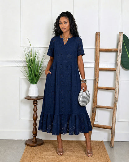 Women's V-Neck Cotton Eyelet Midi Dress