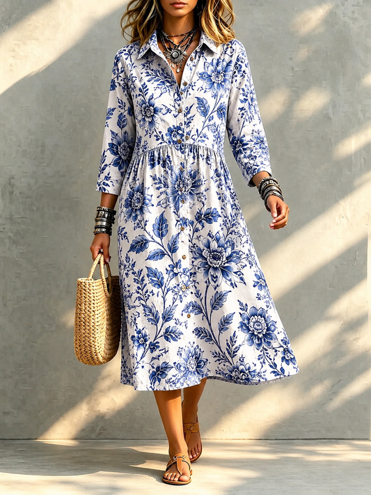 🔥 Santorini Bloom Midi Shirt Dress