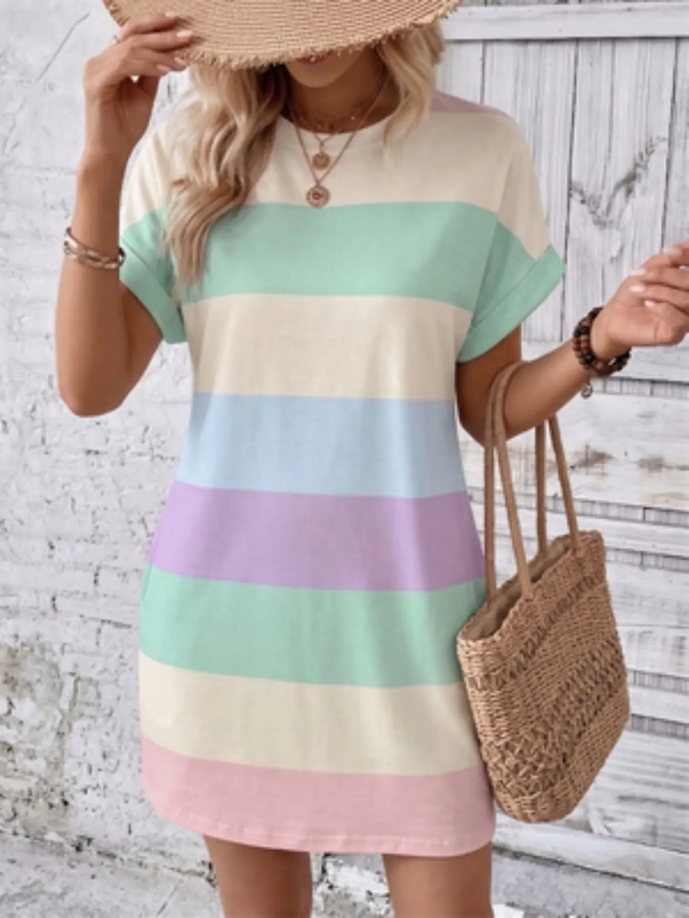 Plus Size Colorblock Striped Print Round Neck Dress