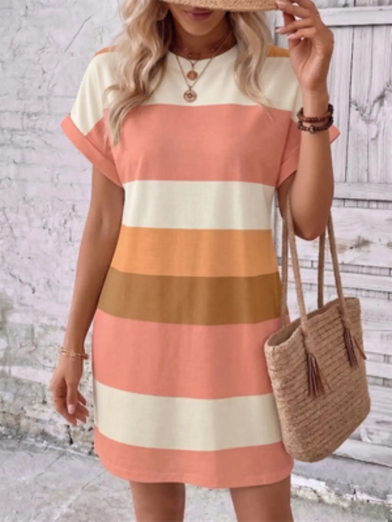 Plus Size Colorblock Striped Print Round Neck Dress