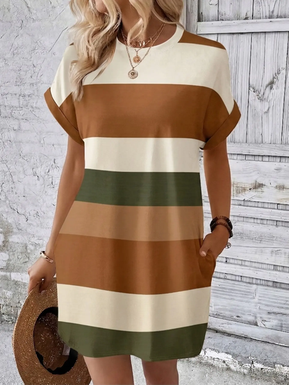 Plus Size Colorblock Striped Print Round Neck Dress