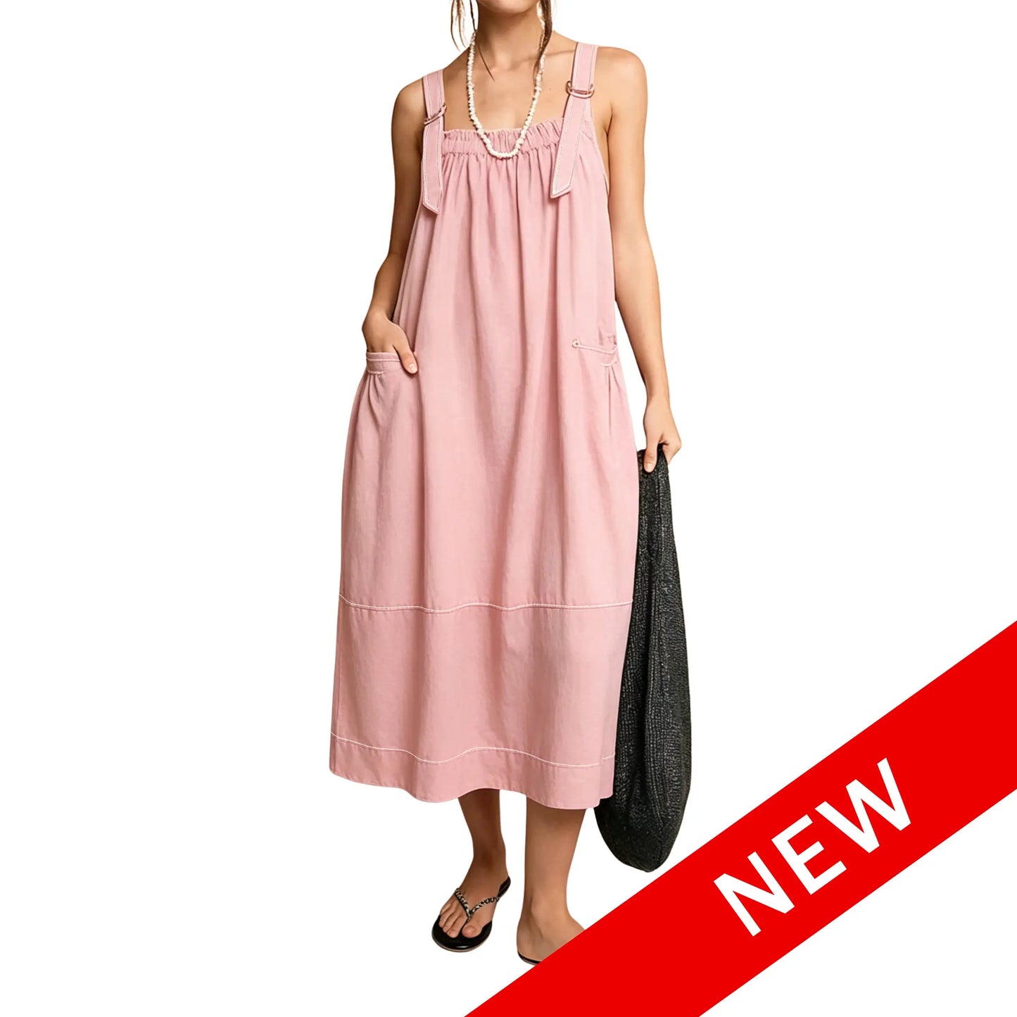 【End of Summer Sale】Women's Barrel Midi Dress Sleeveless Strappy Maxi Dress with Big Pockets