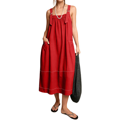 【End of Summer Sale】Women's Barrel Midi Dress Sleeveless Strappy Maxi Dress with Big Pockets