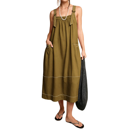 【End of Summer Sale】Women's Barrel Midi Dress Sleeveless Strappy Maxi Dress with Big Pockets