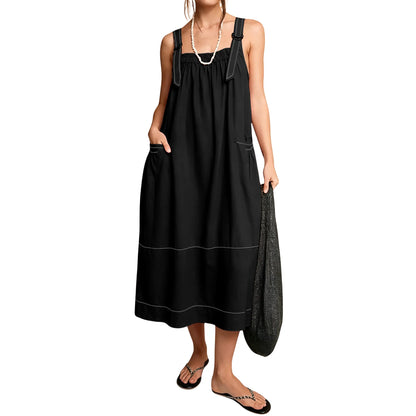 【End of Summer Sale】Women's Barrel Midi Dress Sleeveless Strappy Maxi Dress with Big Pockets