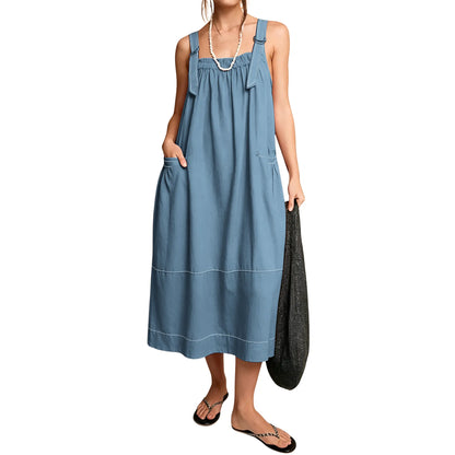 【End of Summer Sale】Women's Barrel Midi Dress Sleeveless Strappy Maxi Dress with Big Pockets