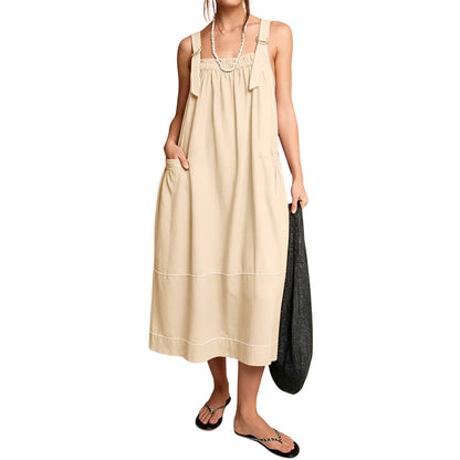 【End of Summer Sale】Women's Barrel Midi Dress Sleeveless Strappy Maxi Dress with Big Pockets