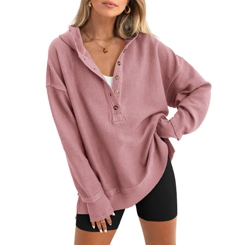 Women's Fashion Long Sleeve Hoodie Oversized Button-Up V-Neck Sweatshirt