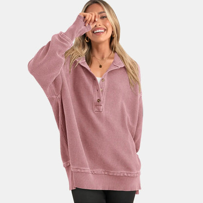 Women's Fashion Long Sleeve Hoodie, Oversized Button-Up V-Neck Sweatshirt