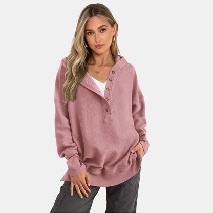Women's Fashion Long Sleeve Hoodie, Oversized Button-Up V-Neck Sweatshirt