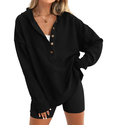 Women's Fashion Long Sleeve Hoodie, Oversized Button-Up V-Neck Sweatshirt