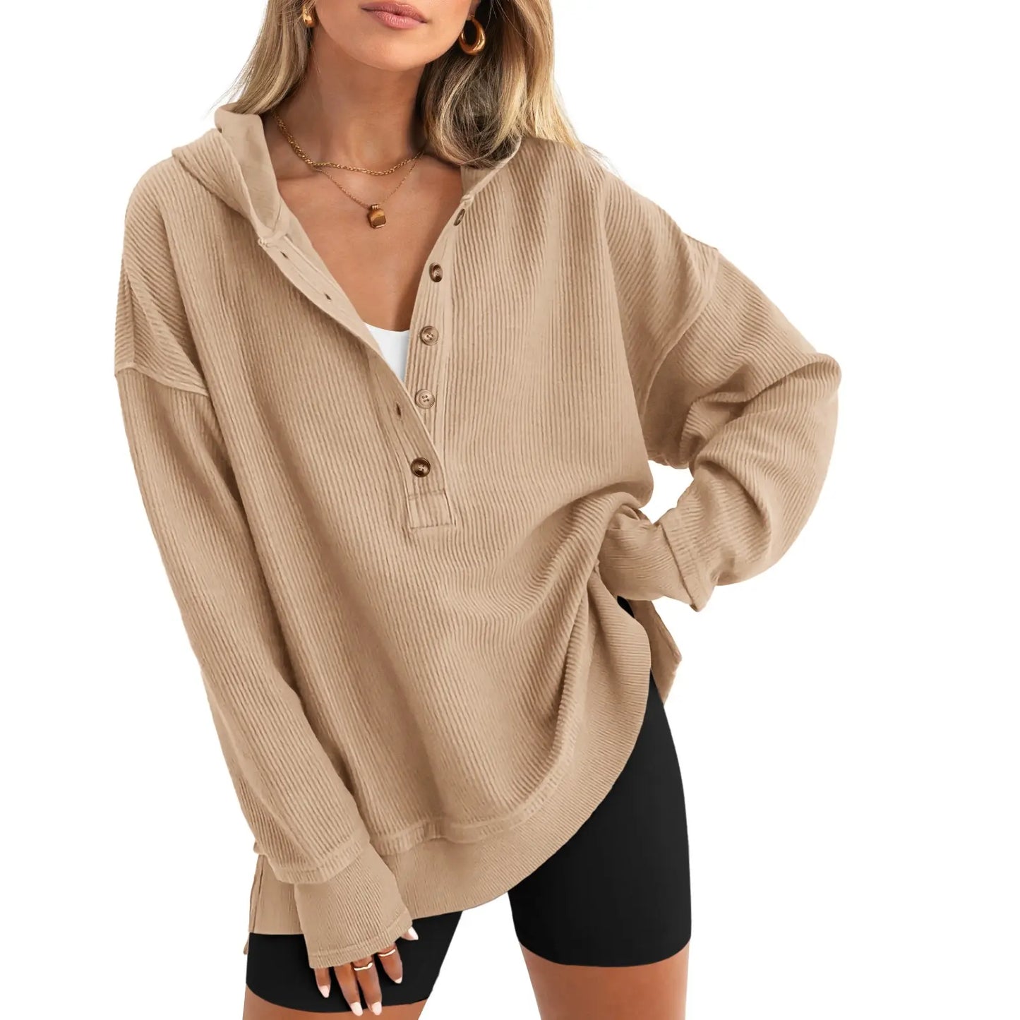 Women's Fashion Long Sleeve Hoodie, Oversized Button-Up V-Neck Sweatshirt