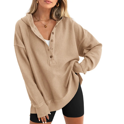 Women's Fashion Long Sleeve Hoodie Oversized Button-Up V-Neck Sweatshirt