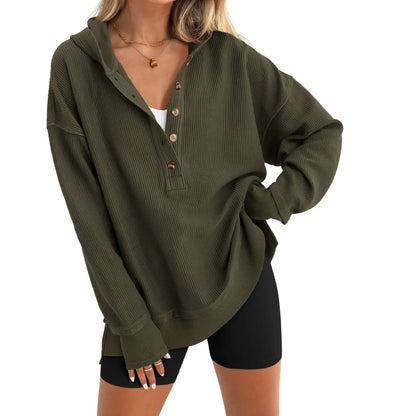 Women's Fashion Long Sleeve Hoodie, Oversized Button-Up V-Neck Sweatshirt