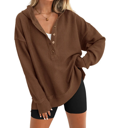 Women's Fashion Long Sleeve Hoodie, Oversized Button-Up V-Neck Sweatshirt