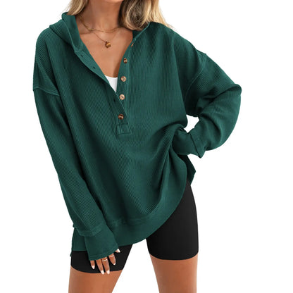 Women's Fashion Long Sleeve Hoodie, Oversized Button-Up V-Neck Sweatshirt