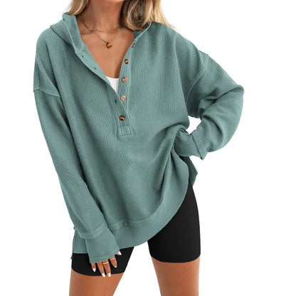 Women's Fashion Long Sleeve Hoodie, Oversized Button-Up V-Neck Sweatshirt