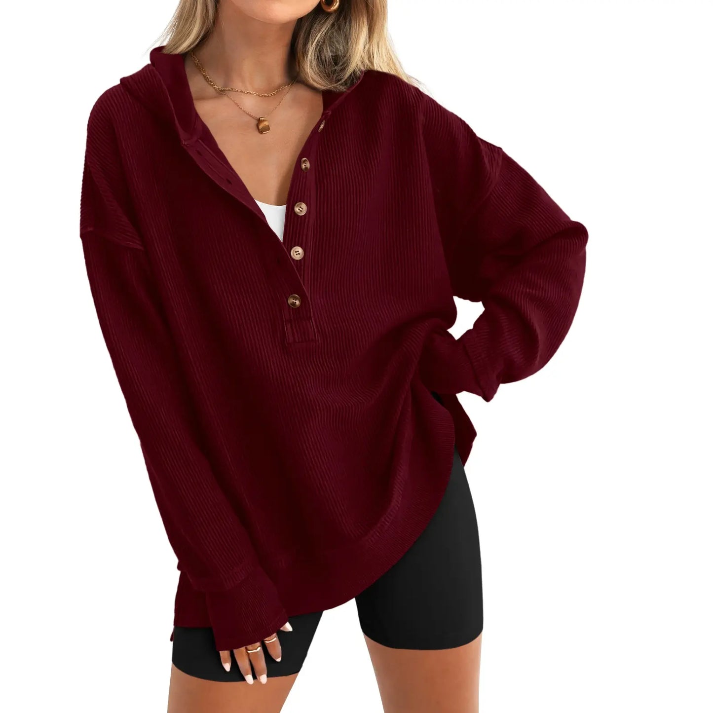 Women's Fashion Long Sleeve Hoodie, Oversized Button-Up V-Neck Sweatshirt