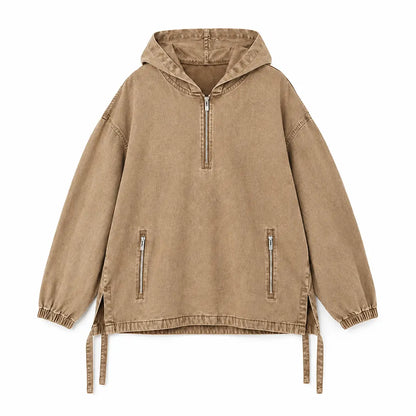 Unisex Cotton Washed Denim Oversized Half Zip Hoodie with Zip Pockets