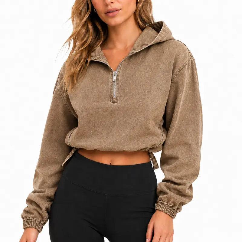 Unisex Cotton Washed Denim Oversized Half Zip Hoodie with Zip Pockets