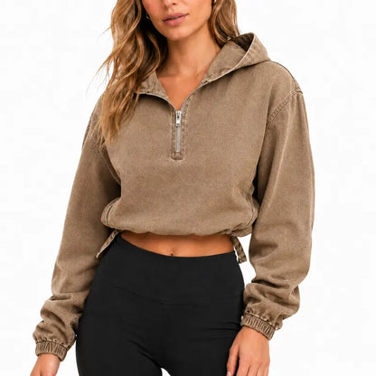 Unisex Cotton Washed Denim Oversized Half Zip Hoodie with Zip Pockets