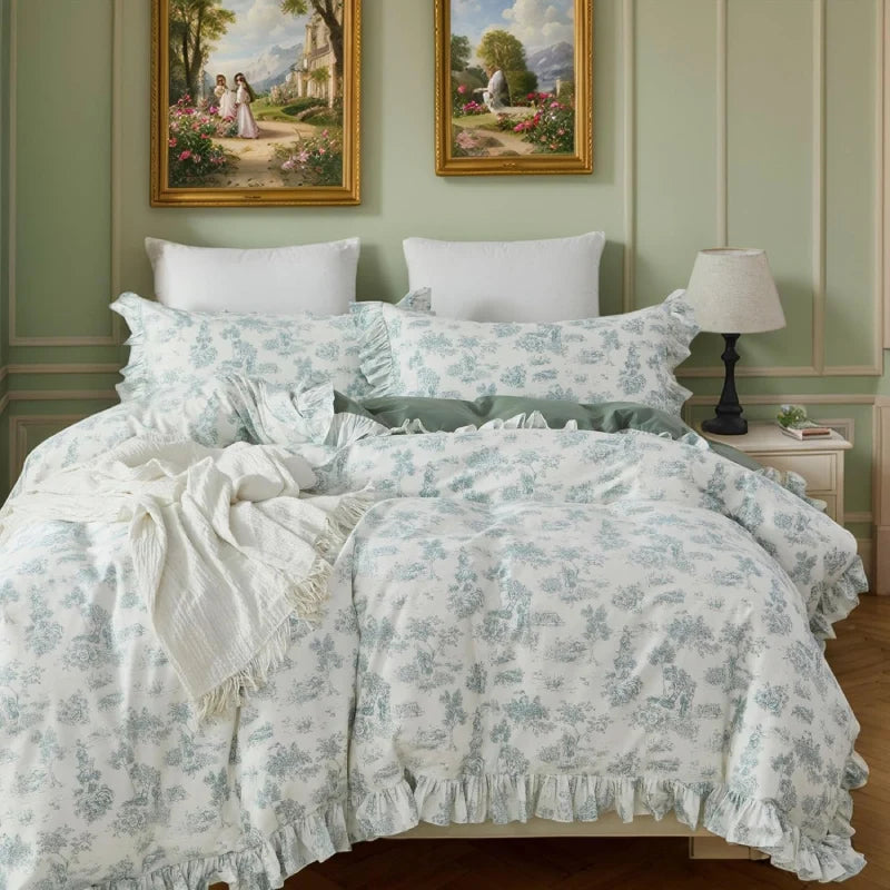 Duvet Cover Set-Green Floral French Country