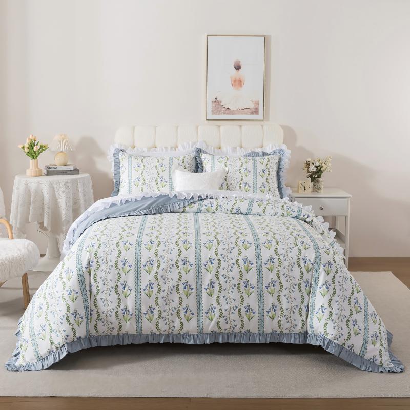 Duvet Cover Set - Botanical Stripe Ruffle