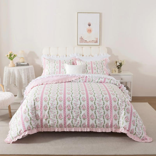 Duvet Cover Set - Botanical Stripe Ruffle