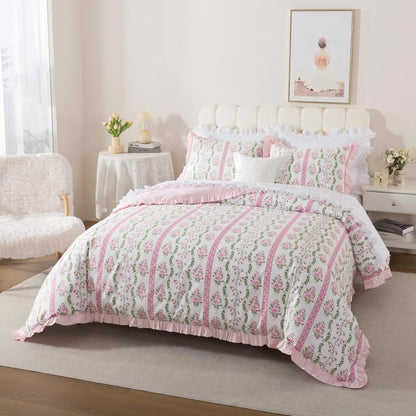 Duvet Cover Set - Botanical Stripe Ruffle