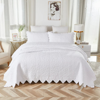 Quilt Bedding Set-Scalloped Matelasse Floral Branch White