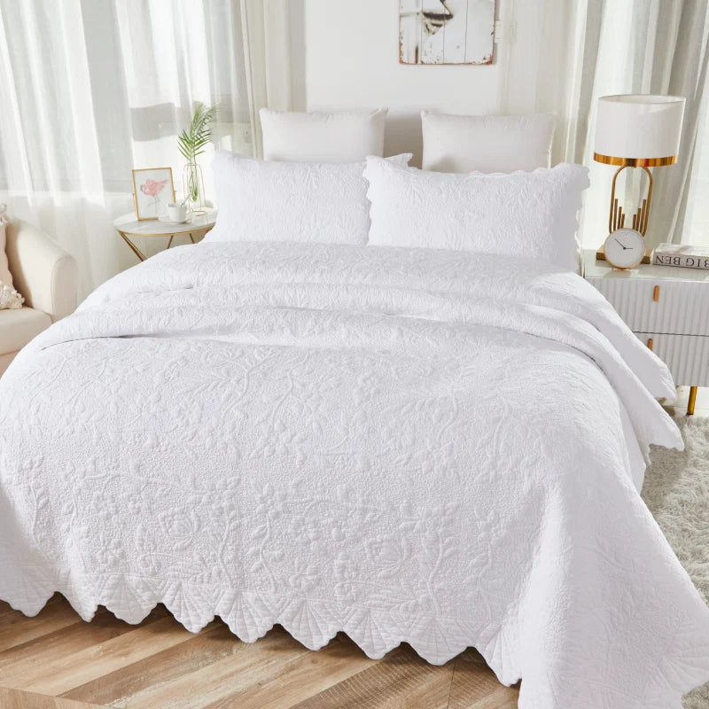Quilt Bedding Set-Scalloped Matelasse Floral Branch White