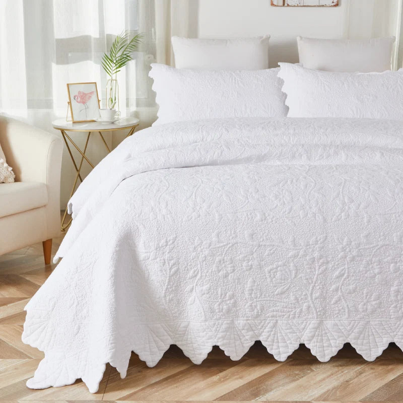 Quilt Bedding Set-Scalloped Matelasse Floral Branch White