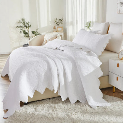 Quilt Bedding Set-Scalloped Matelasse Floral Branch White