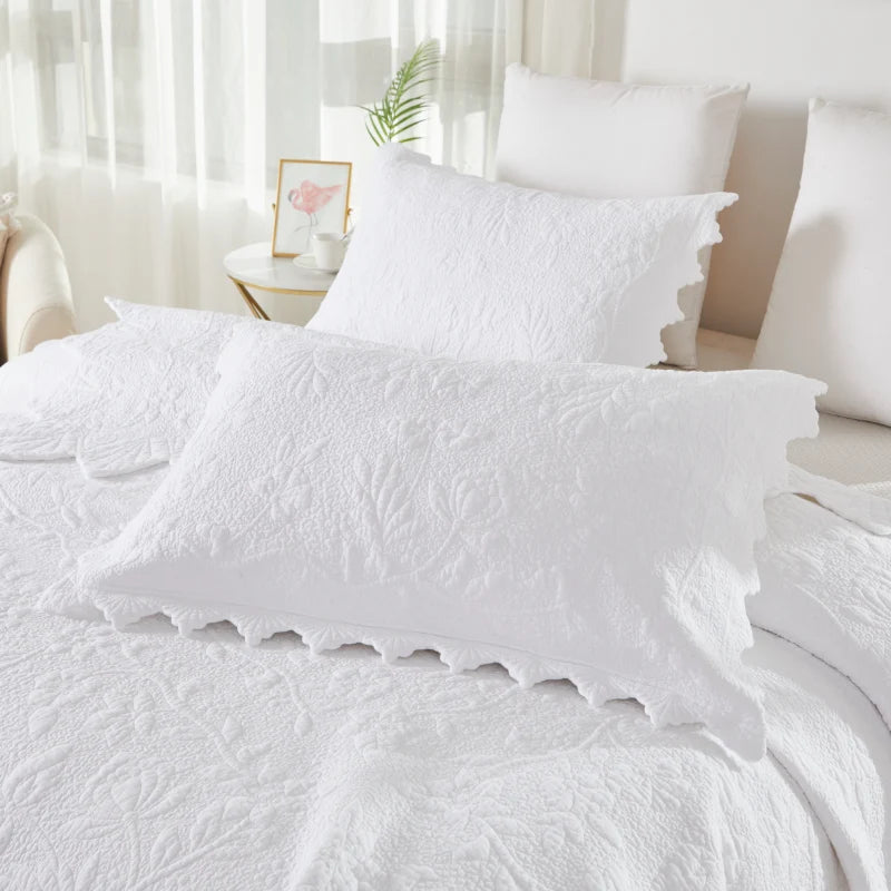 Quilt Bedding Set-Scalloped Matelasse Floral Branch White