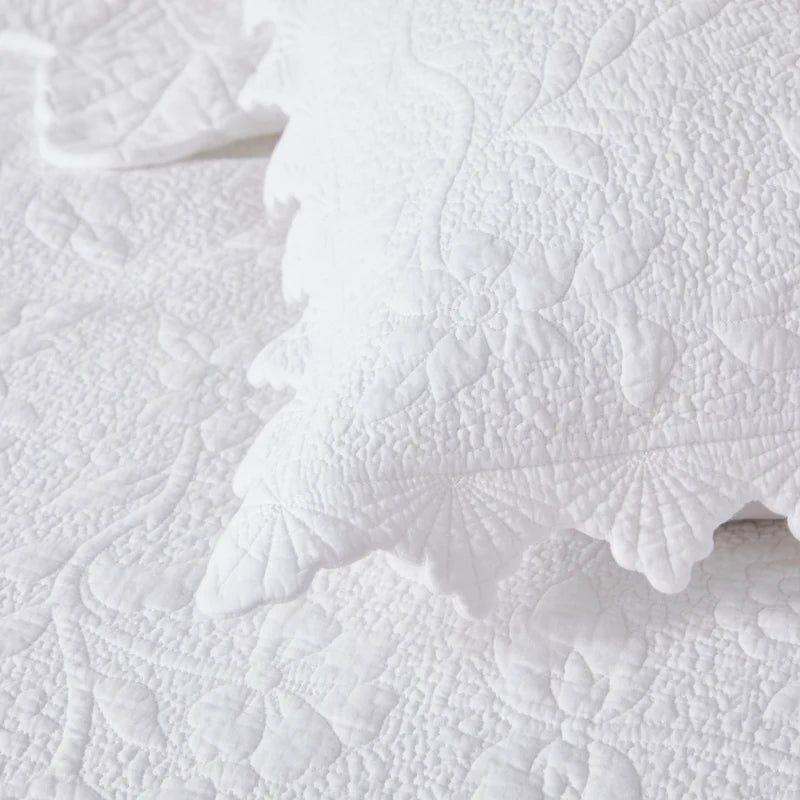 Quilt Bedding Set-Scalloped Matelasse Floral Branch White