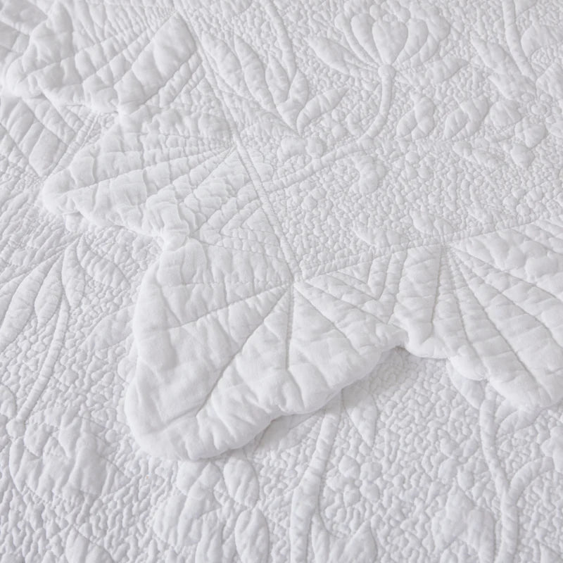 Quilt Bedding Set-Scalloped Matelasse Floral Branch White