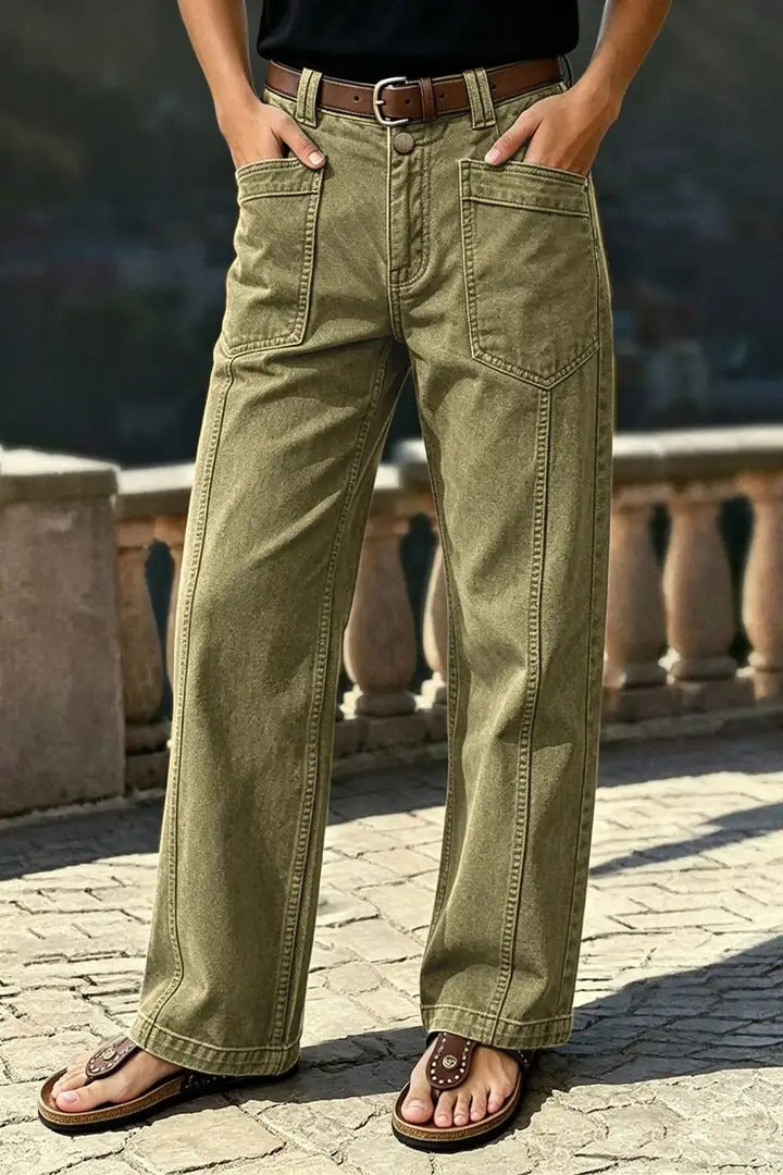 🔥 LAST DAY SALE –Solid Stitch Detail Patch Pocket Mid Rise Straight Leg Pants