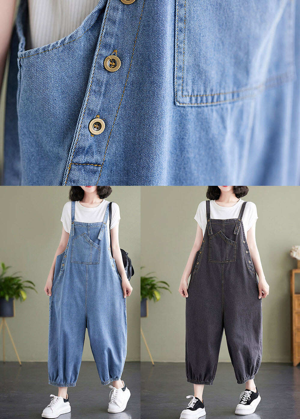 Black Pockets Patchwork Denim Overalls Jumpsuit Summer