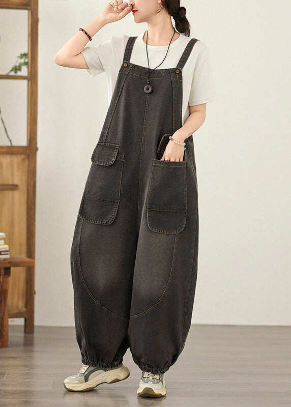 Unique Black Pockets Loose Denim Jumpsuit Spring