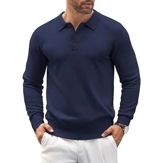 Men's Long Sleeve Knit Polo - Casual Button Down Golf Shirts for Men Formal Quarter