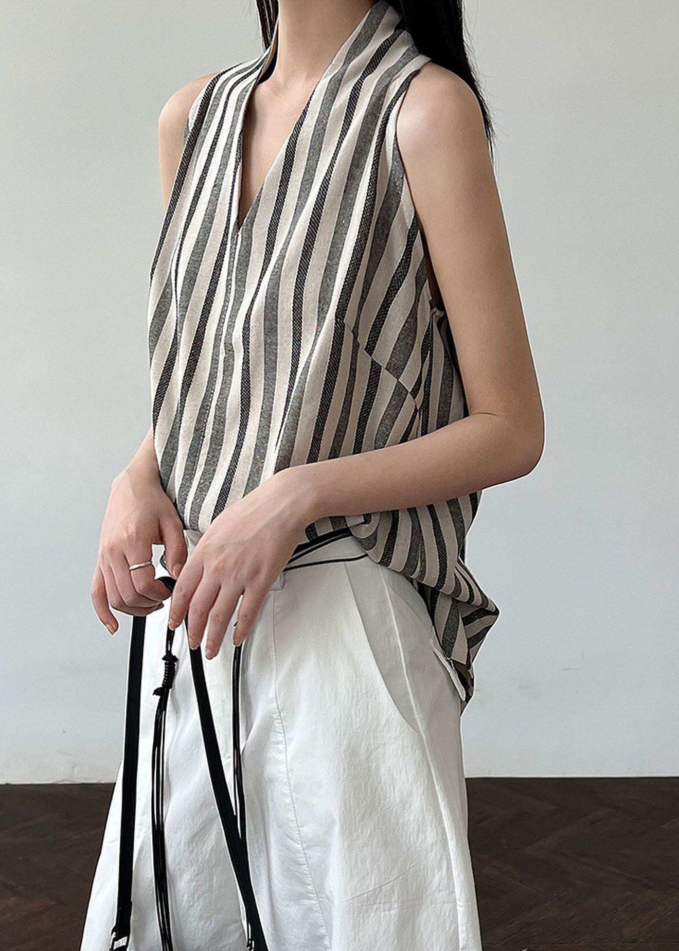 Women Black V Neck Striped Cotton Top Sleeveless