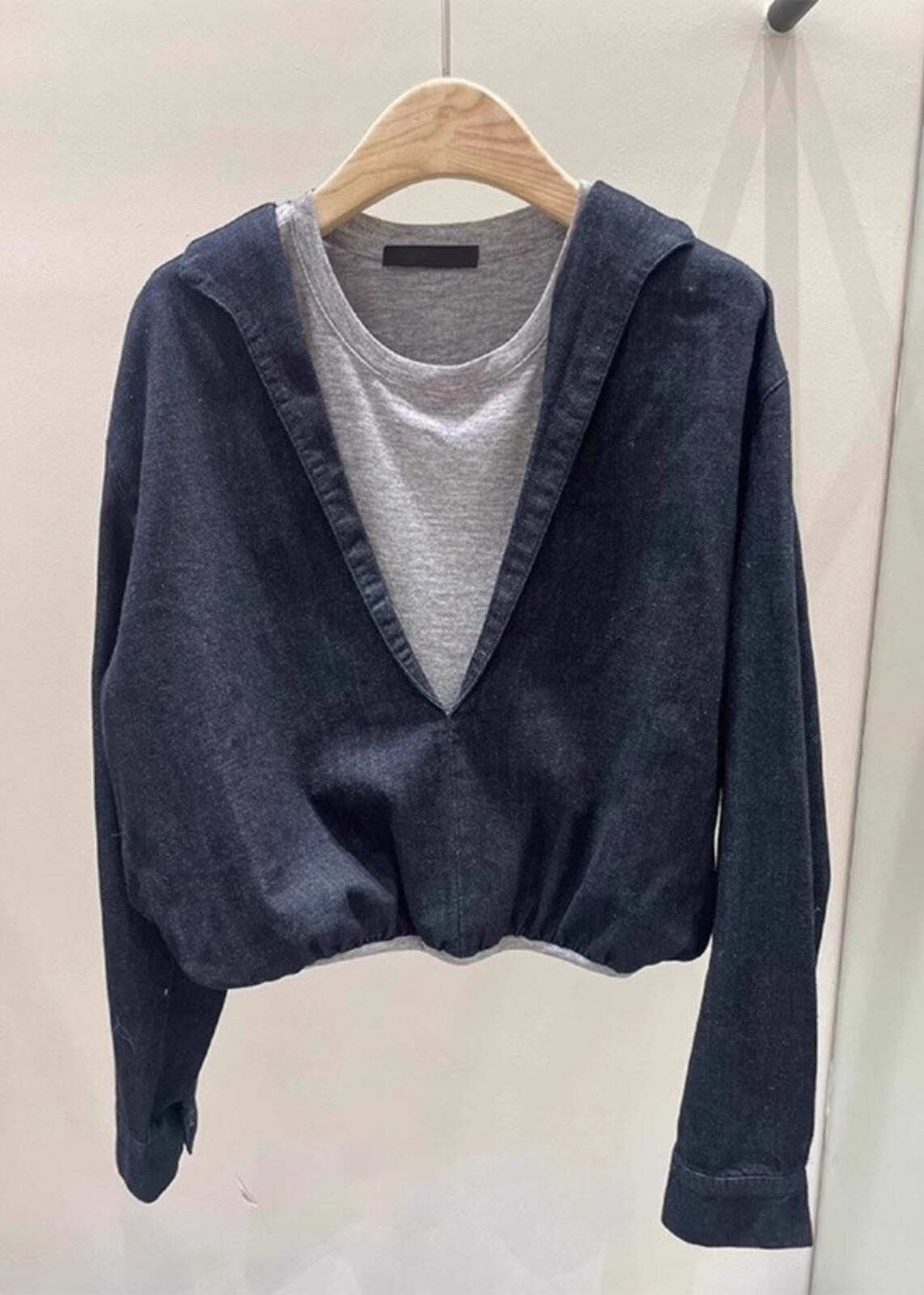 Chic Navy O Neck Patchwork False Two Pieces Cotton Top Spring