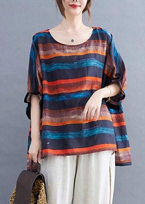 Orange Striped O-Neck T Shirt Batwing Sleeve